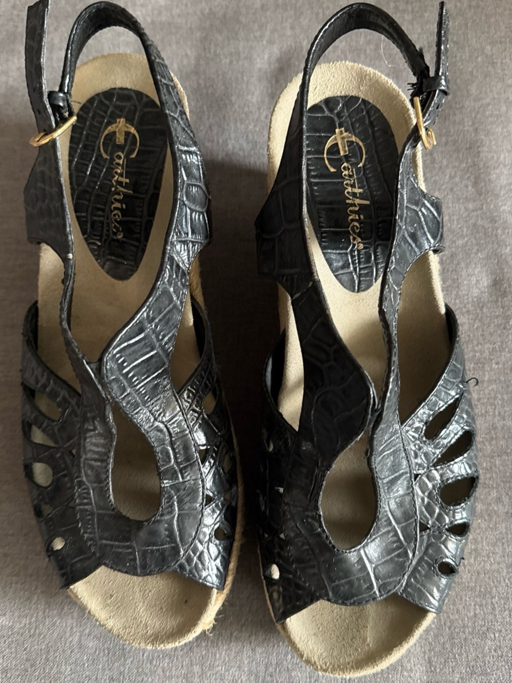 Earthies Black Croc-Embossed Slingback Sandals